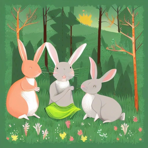 An illustration of a fairy tale picture book, with lovely rabbits, forest, sky, a rabbit grazing with its head down, style for illustrations, cartoons, sunshine