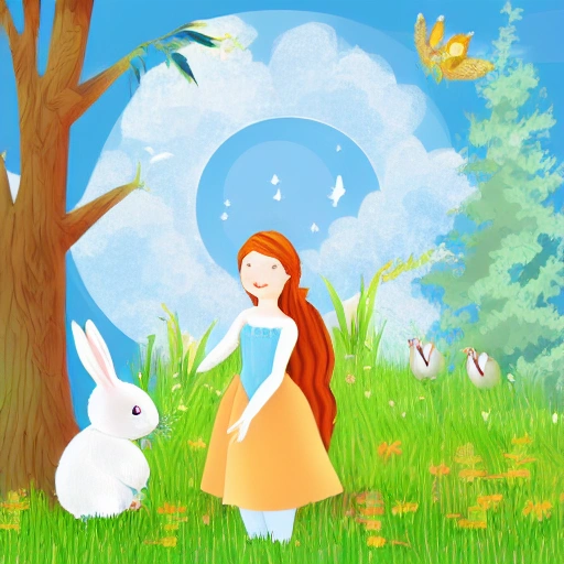 An illustration of a fairy tale picture book, with lovely rabbits, forest, sky, a rabbit grazing with its head down, style for illustrations, cartoons, sunshine