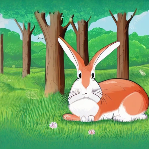 An illustration of a fairy tale picture book, there is a forest, the sky, a rabbit is grazing with his head down, illustration style, cartoon, sunshine