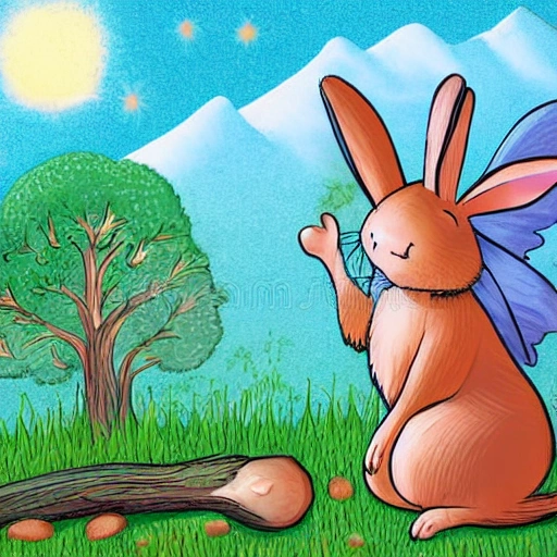 An illustration of a fairy tale picture book, there is a forest, the sky, a rabbit is grazing with his head down, illustration style, cartoon, sunshine