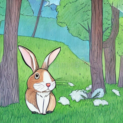 An illustration of a fairy tale picture book, there is a forest, the sky, a rabbit is grazing with his head down, illustration style, cartoon, sunshine