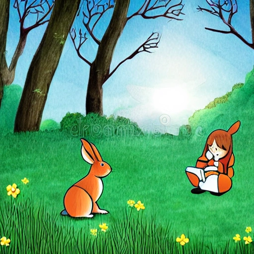 A fairy tale book illustration, there is a sky, a forest, a rabbit is eating grass, illustration style, cartoon