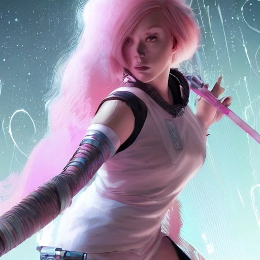 A girl from the future with pale pink hair holding a light sabre, digital illustration, comic book style, comic book, concept art, illustrated, art by carne Griffith's and wadim kashin, 3D