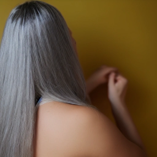 bedroom background, BREAK 1girl, solo, depth of field, woman, adult, night,realistic, silver hair, yellow eyes, long hair, from back, shirtless, back focus, portrait

