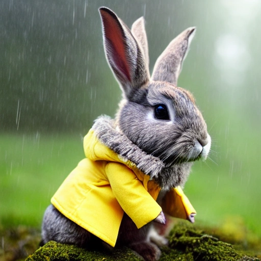tiny cute (happy1. 4) rabbit in a (yellow raincoat1. 3) in the woods, rain, a character portrait, Tilt-shift, bokeh