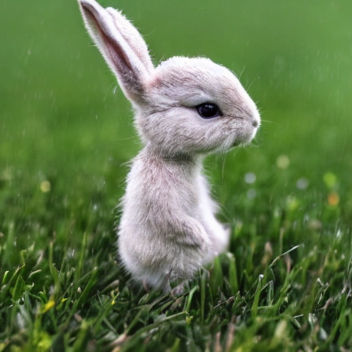 tiny cute (happy1. 4) rabbit in the grass, rain, a character por ...
