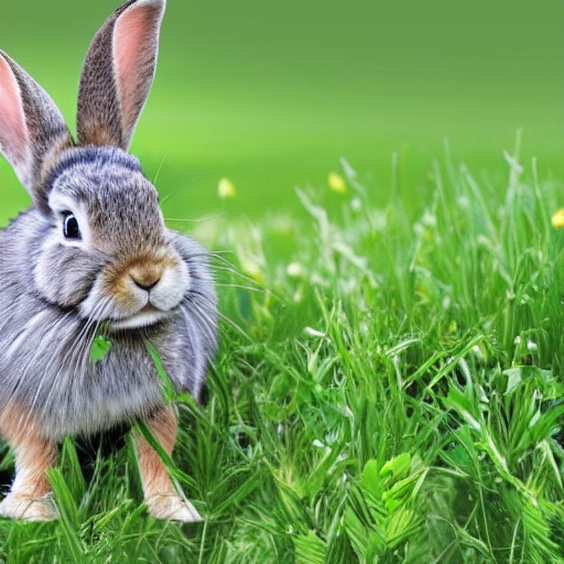Little cute (happy). 4) Rabbit in the grass (exposed head, body in the grass), mouth in chewing grass, next to a few trees, shrubs in front, cartoon image, panorama