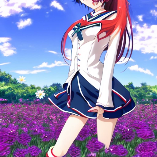 manga girl, anime girl, adult woman, high quality, best quality, smile, cute face, long hair, sleek hair, dark hair, short skirt, long legs, medium breasts, school uniform, sailor style uniform, dancing, happy, garden view on the background, sunshine, flowers, spring, 3D, close on