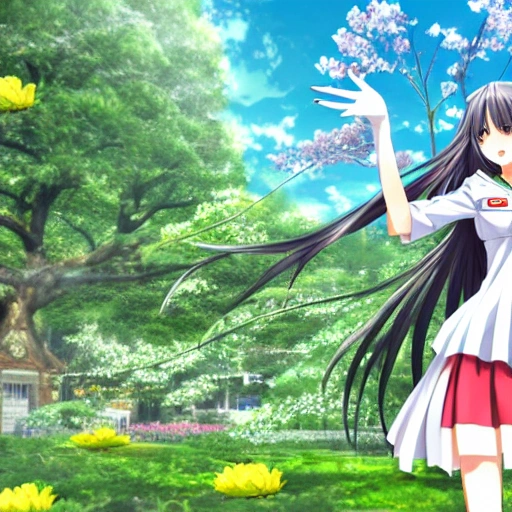 manga girl, anime girl, adult woman, high quality, best quality, smile, cute face, long hair, sleek hair, dark hair, short skirt, long legs, medium breasts, school uniform, sailor style uniform, dancing, happy, garden view on the background, sunshine, flowers, 3D, close on, clear face, fair skin, cute smile, standing under the tree