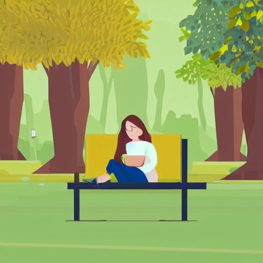 A woman in yellow clothes sitting on a park wooden chair, a computer, illustration, flat design, a few green leaves in the background, two trees, a street lamp, a cup of coffee on the chair, gradient to light green background