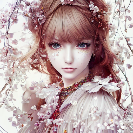 the portrait of the absurdly beautiful, graceful, elegant, gorgeous, fashionable photorealistic anime european woman made of cherries and white petals with tears, an ultrafine hyperrealistic illustration by kim jung gi, irakli nadar, intricate linework, bright colors, octopath traveler, final fantasy, unreal engine highly rendered, global illumination, radiant light, intricate environment