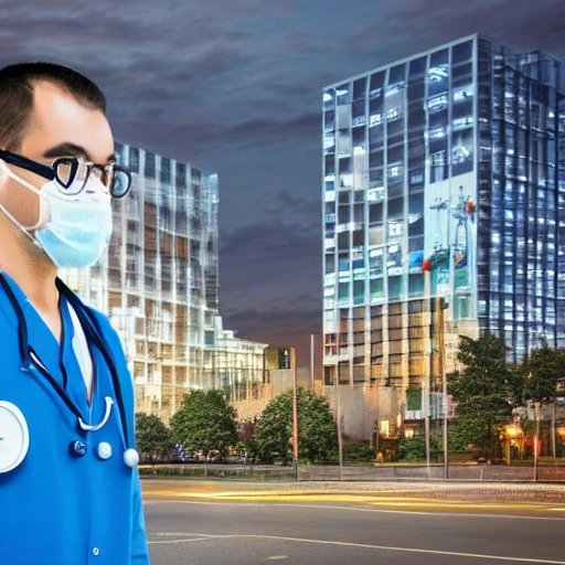 Behold the mesmerising vision of a young doctor in front of a hospital wearing a mask on his face amidst a futuristic, high-tech cityscape, brimming with vibrant, extreme detail." --ar 9:16 
