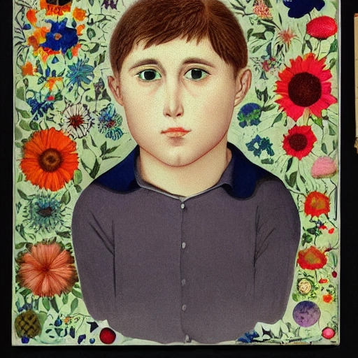 The side face of a boy is composed of four quarters of flowers, four quarters of machinery, one quarter of glass, and the remaining quarter remains normal
