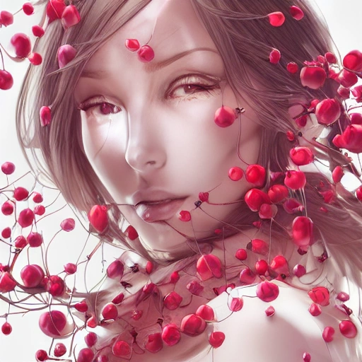 the portrait of the absurdly beautiful, graceful, elegant, gorgeous, fashionable photorealistic anime european woman made of cherries and white petals with tears, an ultrafine hyperrealistic illustration by kim jung gi, irakli nadar, intricate linework, bright colors, octopath traveler, final fantasy, unreal engine highly rendered, global illumination, radiant light, intricate environment