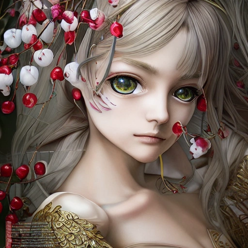 the portrait of the absurdly beautiful, graceful, elegant, gorgeous, fashionable photorealistic anime european woman made of cherries and white petals with tears, an ultrafine hyperrealistic illustration by kim jung gi, irakli nadar, intricate linework, bright colors, octopath traveler, final fantasy, unreal engine highly rendered, global illumination, radiant light, intricate environment