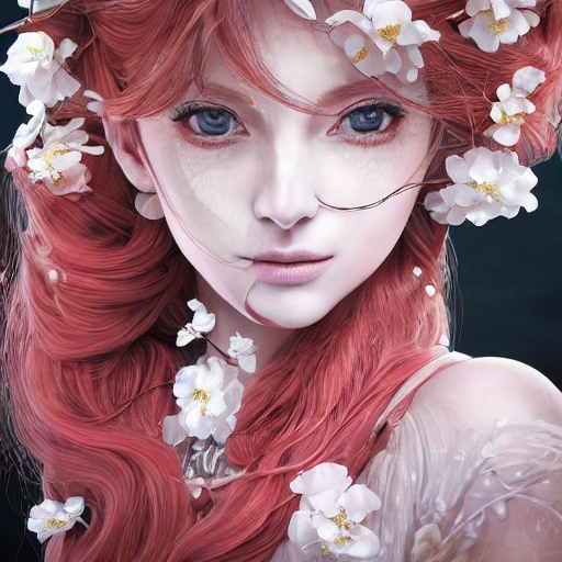 the portrait of the absurdly beautiful, graceful, elegant, gorgeous, fashionable photorealistic anime european woman made of cherries and white petals with tears, an ultrafine hyperrealistic illustration by kim jung gi, irakli nadar, intricate linework, bright colors, octopath traveler, final fantasy, unreal engine highly rendered, global illumination, radiant light, intricate environment