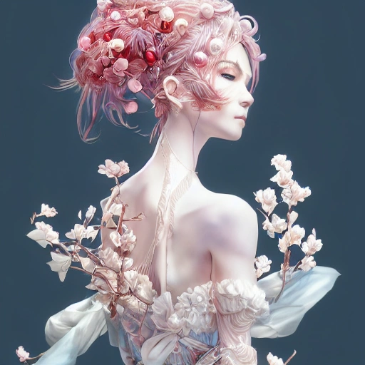 the portrait of the absurdly beautiful, graceful, elegant, gorgeous, fashionable photorealistic anime european woman made of cherries and white petals with tears, an ultrafine hyperrealistic illustration by kim jung gi, irakli nadar, intricate linework, bright colors, octopath traveler, final fantasy, unreal engine highly rendered, global illumination, radiant light, intricate environment