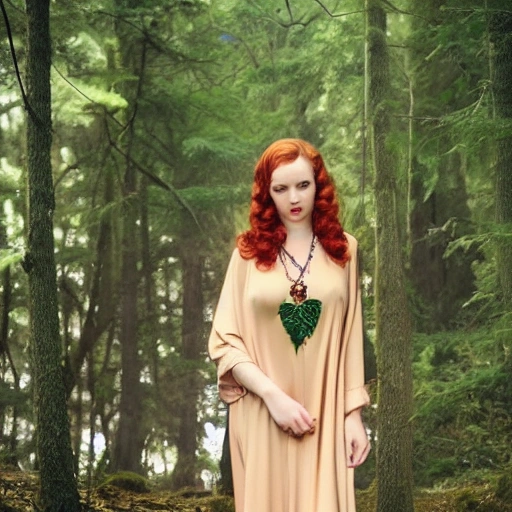 forest background, BREAK
1girl, fantasy, witch, revealing robe, mature looking, round breasts, ginger hair, frackles, green eyes, close up, neutral expression, looking away, diamond necklace,