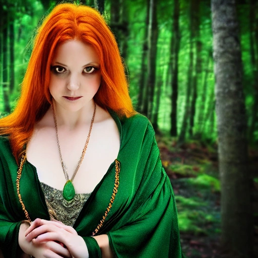 forest background, BREAK
1girl, fantasy, witch, revealing robe, mature looking, round breasts, ginger hair, frackles, green eyes, close up, neutral expression, looking away, diamond necklace,