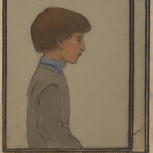 A boy's profile. One-fourth is composed of flowers, one-fourth is composed of machinery, one-fourth is composed of glass, and the remaining one-fourth is normal.