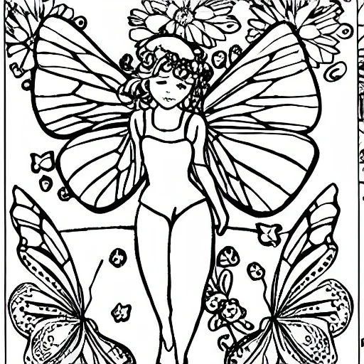 Coloring book page of Fairy with butterfly wings perched on a fl ...