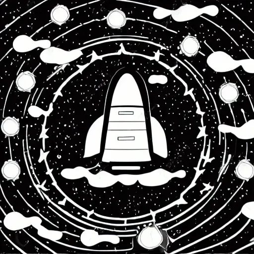 2d outline simple vector monochrome coloring page depicting space ship on the space with stars and comets scene on white background:: signature text border frame logo name headline watermark gradient shading greyscale:: -0.3 --ar 1:1 --v 4, Pencil Sketch