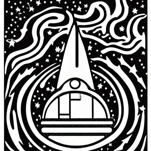 2d outline simple vector monochrome coloring page depicting space ship on the space with stars and comets scene on white background:: signature text border frame logo name headline watermark gradient shading greyscale:: -0.3 --ar 1:1 --v 4, - Upscaled