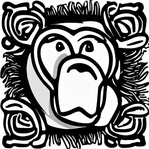 2d outline simple vector monochrome coloring page depicting monkey with friends playing on a three scene on white background:: signature text border frame logo name headline watermark gradient shading greyscale:: -0.3 --ar 1:1 --v 4, - Upscaled