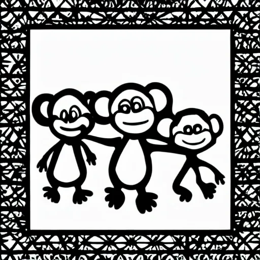 2d outline simple vector monochrome coloring page depicting monkey hanging on a three with friends playing scene on white background:: signature text border frame logo name headline watermark gradient shading greyscale:: -0.3 --ar 1:1 --v 4, - Upscaled