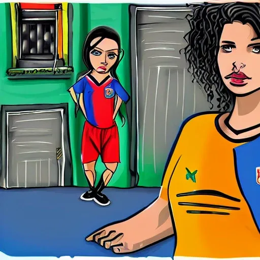 futbol tatuada mujer barrio paisaje favela, Cartoon