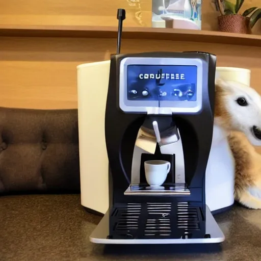 , 3D, Coffee machine surrounded by friendly animals who want coffee