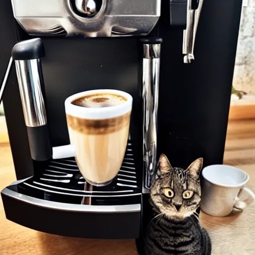 Coffee machine surrounded by friendly animals who want coffee, dog and cat
