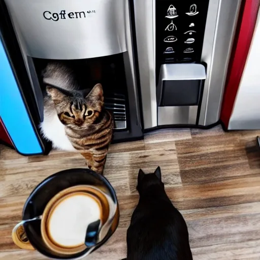 Coffee machine surrounded by friendly animals who want coffee, dog and cat
