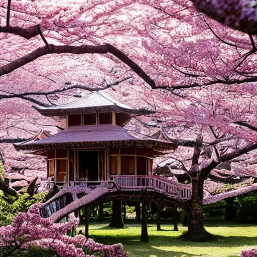 THE CHERRY BLOSSOM TREE HOUSE :: beautiful ornate treehouse in a gigantic pink cherry blossom tree :: on a high blue grey and brown cliff with light snow and pink cherry blossom trees :: Roger Deakins and Moebius and Alphonse Much and Guweiz :: Intricate details, very realistic, cinematic lighting, volumetric lighting, photographic