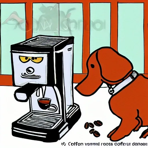 Coffee machine surrounded by friendly animals who want coffee, dog and cat
, Cartoon