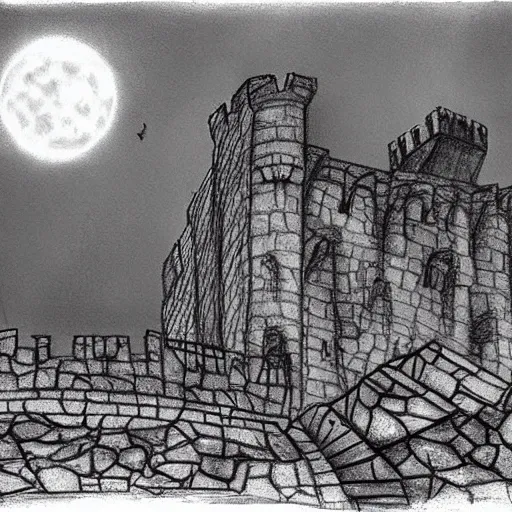 On a high cliff where the winds howl, stood a gothic castle, as if guarding the expanse of the dark sky. It was built of dark stone that seemed like a hardened stream of lava. The castle's dark towers looked up at the sky, like the ruins of ancient fortresses forgotten in time.

The gloomy night saturated everything around with mystery and intrigue. The clouds that raced across the sky created strange patterns, as if drawn on canvas. But even on such a night, the bright moon could not hide behind the clouds. Its light reflected off the castle's stone walls, painting them in pale shades of silver. In the moonlight, it seemed as though the castle was coming to life and beginning to live its own life.

The castle's massive gates, like the teeth of a giant beast, remained locked, as if the castle feared something or someone. But who knows, maybe behind them lay something mysterious and beautiful that could only be discovered on this night, when everything around fell silent, and only the wind chased the last remnants of autumn., Pencil Sketch