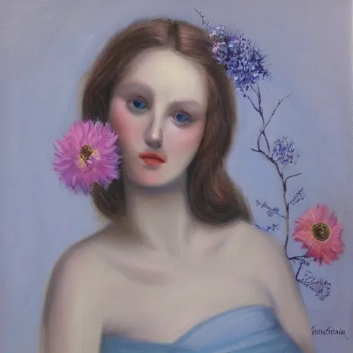 , Oil Painting delicate woman with flowers in background, porcelain skin, light blue muted colors