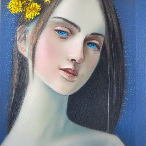 , Oil Painting delicate woman with flowers in background, porcelain skin, light blue muted colors, Pencil Sketch