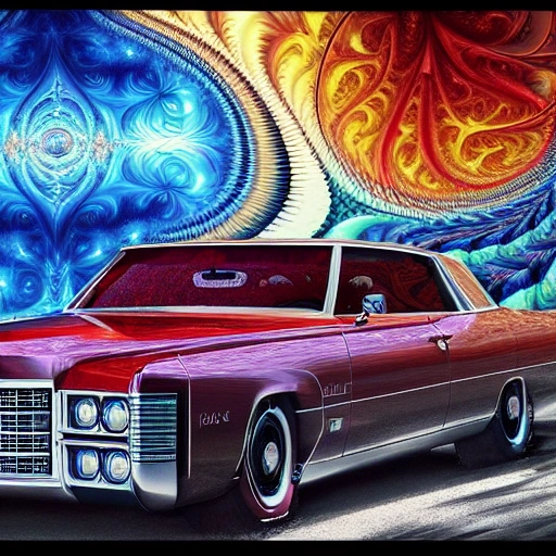 (Masterpiece, Top Quality, Best Quality, Official Art, Beautiful & Aesthetic: 1.2), (1 cadillac 1969), Extremely Detailed, ZeenChin, Concept Design, Masterpiece, World Top, (Fractal Art: 1.3), Colorful, more detailed