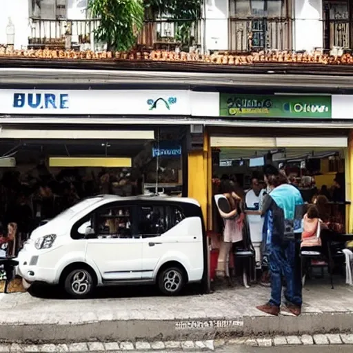 Crear una publicidad para la empresa Buyithere.ec, donde se vea una maquina expendedora automatica de cafe donde se vean animales amigables haciendo fila para comprar