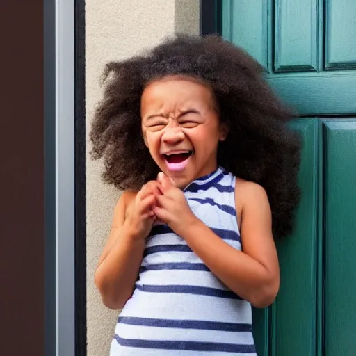 Mixed little girl crying leaving her house by door