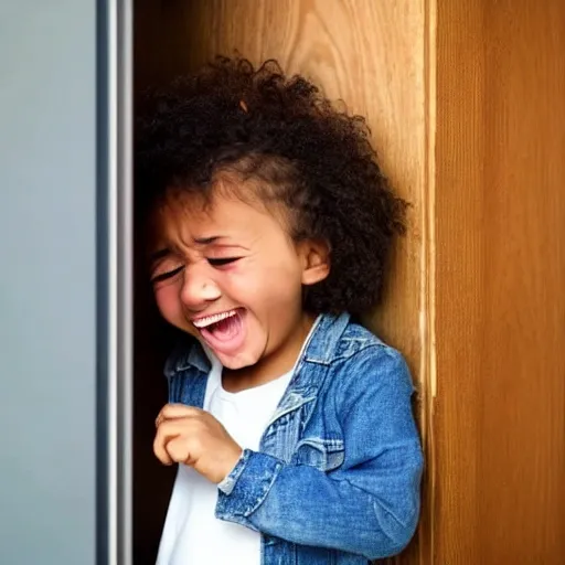 Mixed little girl crying leaving her house through the door