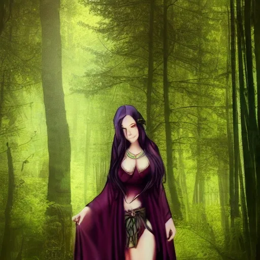 forest background, BREAK1girl, fantasy, witch elf, revealing robe, mature looking, round breasts, black hair, frackles, green eyes, close up, neutral expression, looking away, diamond necklace, dark skin