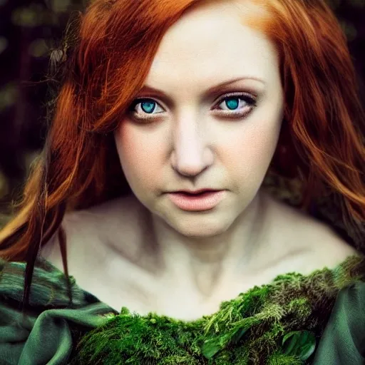 forest background, BREAK
1girl, fantasy, witch, revealing robe, mature looking, round breasts, ginger hair, frackles, green eyes, close up, neutral expression, looking away, diamond necklace,