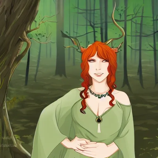 forest background, BREAK
1girl, fantasy, witch, revealing robe, mature looking, round breasts, ginger hair, frackles, green eyes, close up, neutral expression, looking away, diamond necklace,, Cartoon