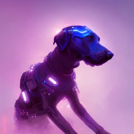 a beautiful portrait of a cute cyberpunk dog by greg rutkowski and wlop, purple blue color scheme, high key lighting, digital art, highly detailed, fine detail, intricate, ornate, complex, 3D