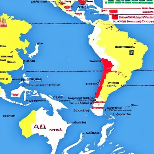 Nice map of Latin America, showing these countries with a red dot on top Mexico, El Salvador, Guatemala, Honduras, Costa Rica, Panama, Peru, Bolivia and Argentina with their respective flags, dark background. , 3D