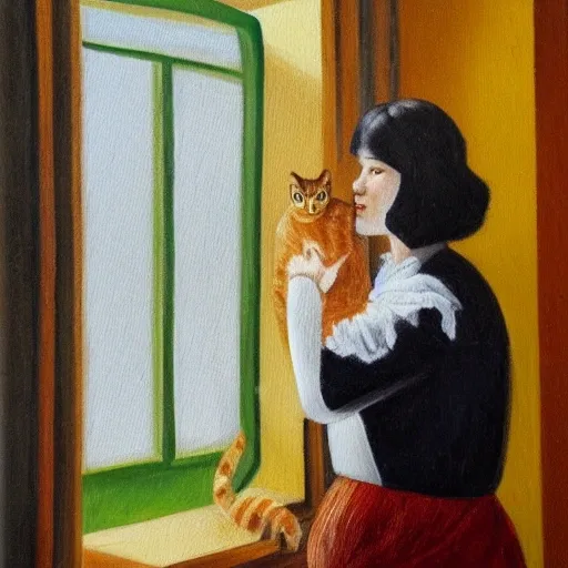 woman with cat in front of window, Oil Painting