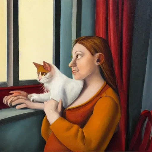 woman with cat in front of window, Oil Painting