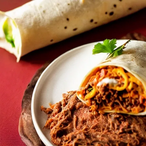 A tinga de setas burrito seen in close-up, split in half showing its tinga de setas filling with refried beans and white rice, served on a wooden plate, on the left side a jar with red sauce, Detailed, Hyper-realistic, Render